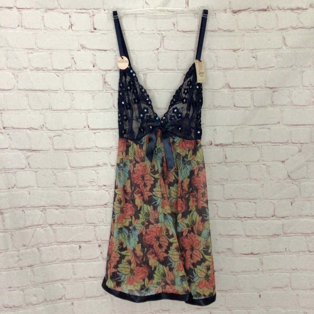 Spree Intimates Floral Lace & Sequins Babydoll with Matching Panty - Size Small